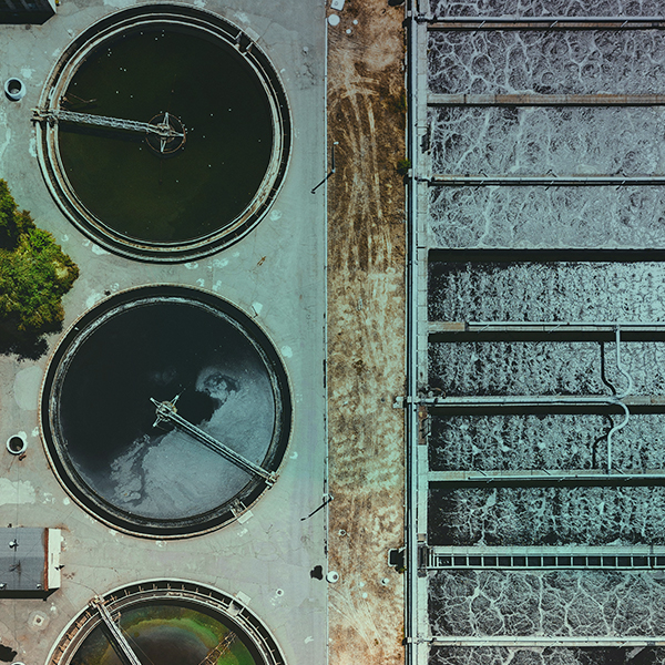 Giant business water circular tanks viewed from above